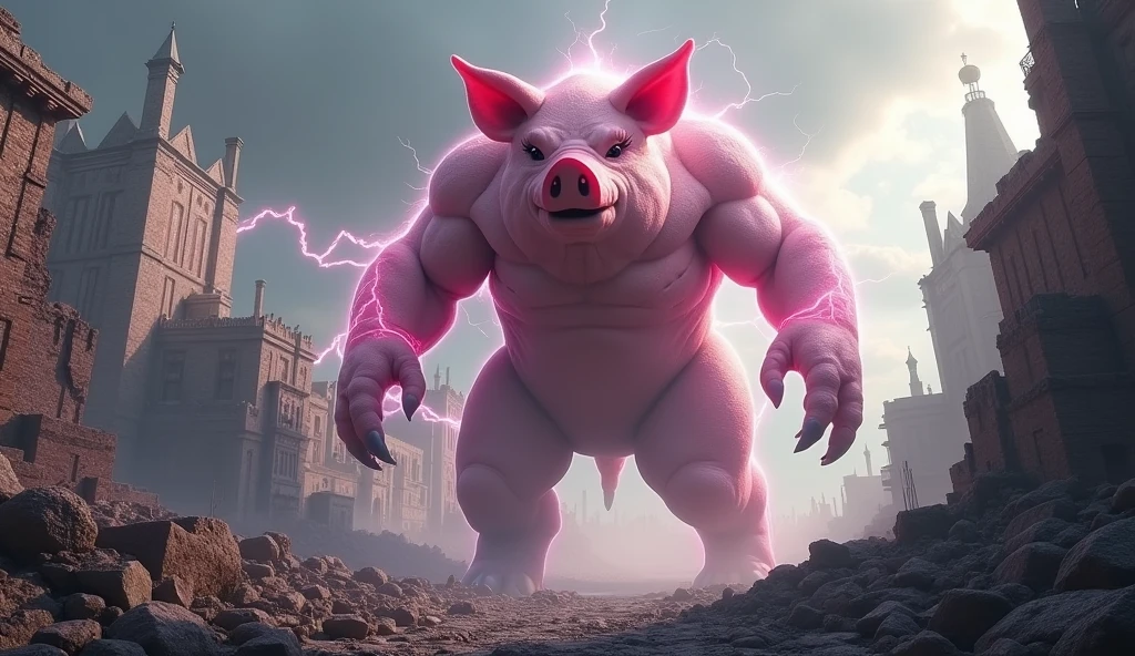 a giant pink electric pig monster in a war-torn ancient city, 50m tall, in a mythical world, (best quality,4k,8k,highres,masterpiece:1.2),ultra-detailed,(realistic,photorealistic,photo-realistic:1.37),extremely detailed eyes and face,longeyelashes,muscular body,fearsome expression,electricity arcing across its body,crumbling ruins,destroyed cityscape,ominous cloudy sky,dramatic lighting