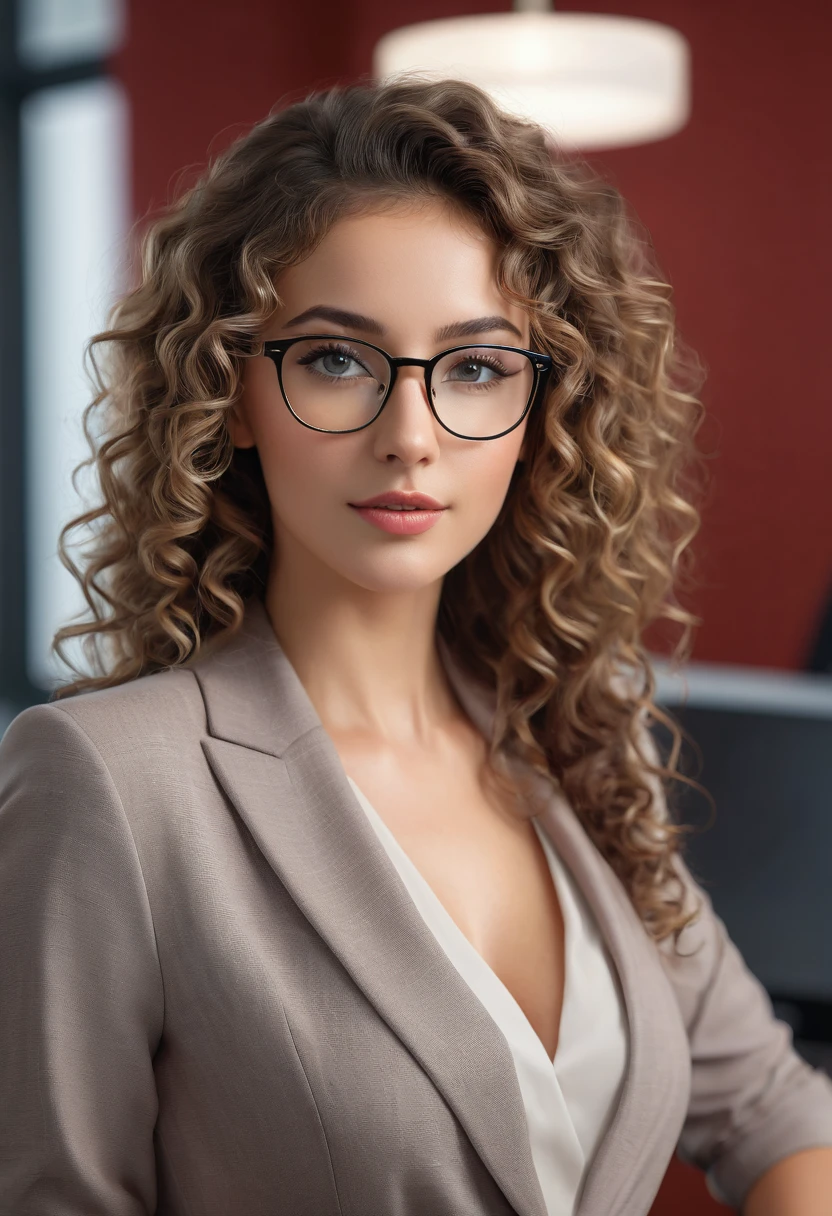 a beautiful young woman with curly hair, wearing glasses, in an office setting, dressed elegantly and seductively, photorealistic, a professional presenter, (best quality,4k,8k,highres,masterpiece:1.2),ultra-detailed,(realistic,photorealistic,photo-realistic:1.37),beautiful detailed eyes,beautiful detailed lips,extremely detailed eyes and face,longeyelashes,elegant office attire,slim figure,confident pose,soft studio lighting,warm color tones,depth of field, cabello rojo y delgada, rostro feliz y alargada