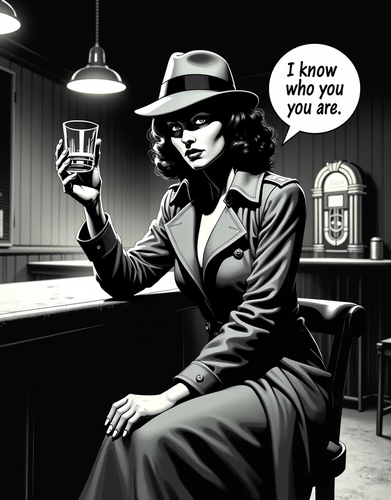 A scene from a 1950s black-and-white detective comic. An attractive woman is sitting at the bar, dressed in a long trench coat and a detective hat from that era. The woman is holding a glass of whiskey and staring intently at the glass. There is a speech bubble with the text "I know who you are" written in comic book style. The gaze concentrated on the glass.