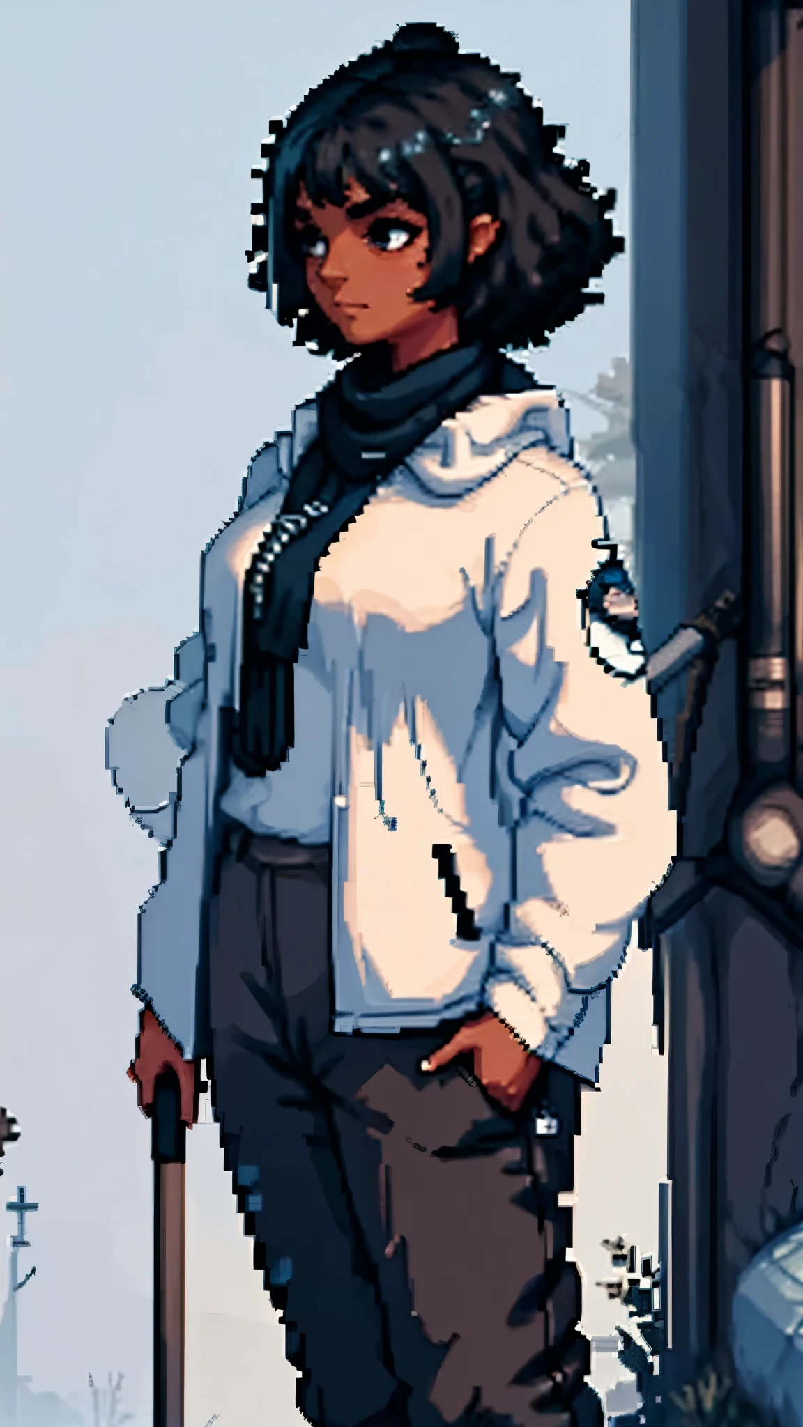 A portrait with a woman with dark skin and curly short hair with a look of determination and curiosity. She is wearing a loose sweater., which can be black or dark blue, with a modern and elegant design.
She has her hands in her blouse pockets, giving an air of relaxation and introspection. . The young woman observes the immensity with a mixture of admiration and contemplation., absorbing the beauty and tranquility that the place offers.