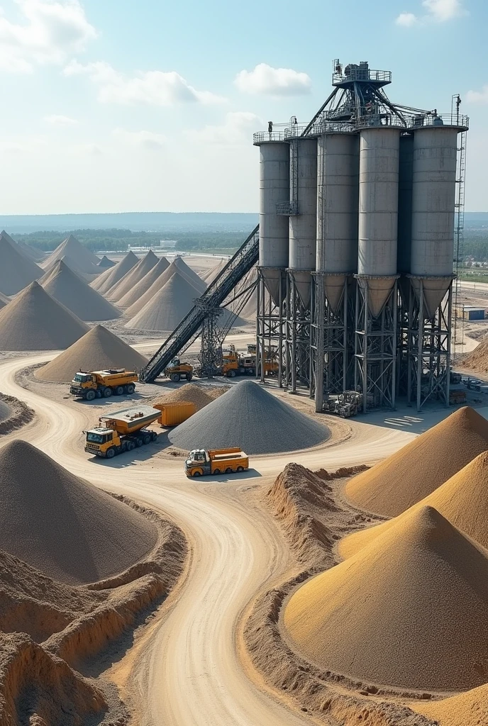 The storage yard is the place where aggregates are stored after processing.. Storage can be done in elevated silos or directly on the ground., depending on the type of material and storage capacity.