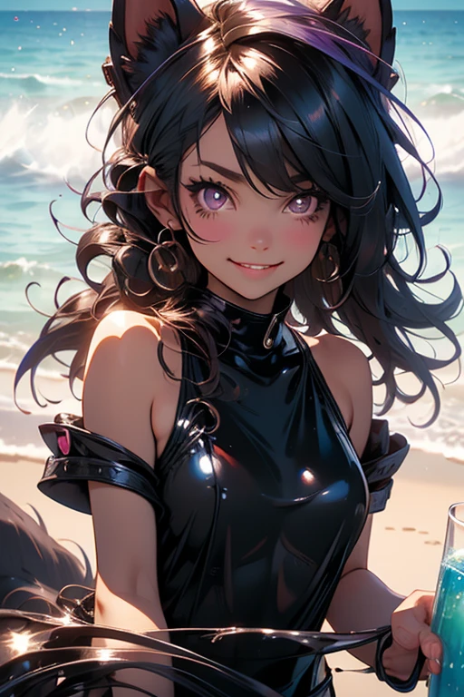 Perfect face. Perfect hands. A black haired woman with violet eyes and black fox ears and a black fox tail in a cute one-piece swimsuit is smiling helping make drinks at the beach