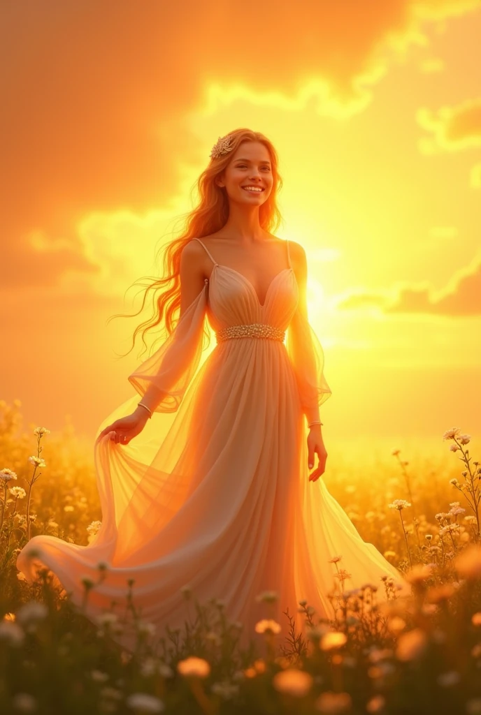 goddess Orange background field bright Cute impression smile True Face The whole body is visible