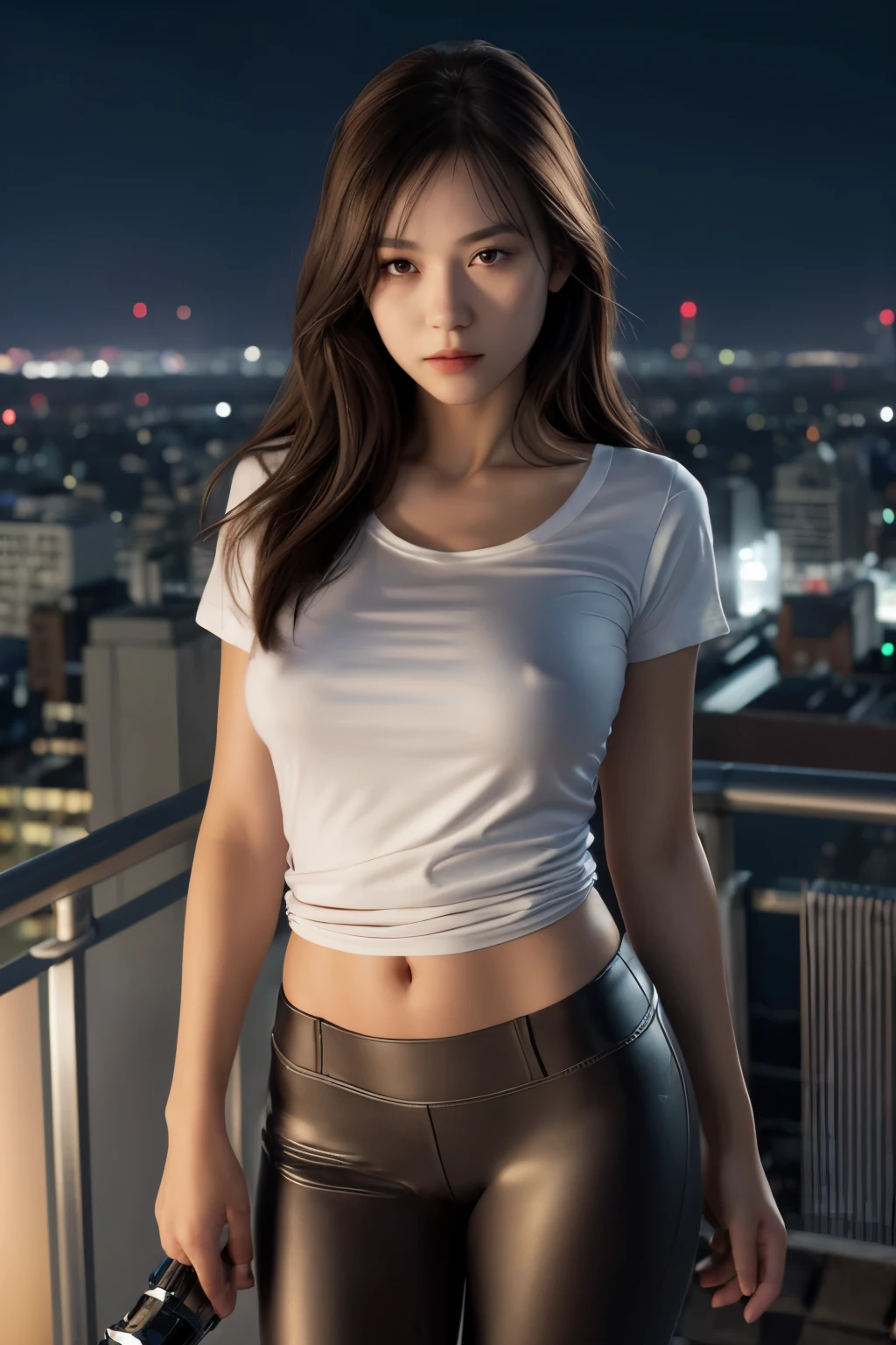 Raw, cinematic shot, (sharp focus:1.5), (photorealistic:1.4), twilight lighting, volumetric lighting, ultra high res, 16K,dramatic lighting, Midnight, Whole body, Long legs, Sharp focus :1.2, A pretty woman with perfect figure :1.4, Slender abs :1.1, (Dark brown hair,Gigantic breasts :1.2), (White tight tshirt, Standing:1.2), (Night city view, Rooftop:1.3), Highly detailed face and skin texture, Detailed eyes, Double eyelid, Light penetrates the hair,(film grain:1.5), depth of field