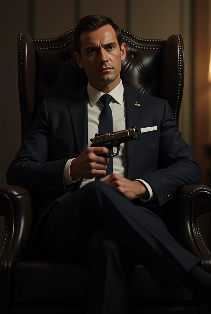 man wear sute and sitting in chair with gun