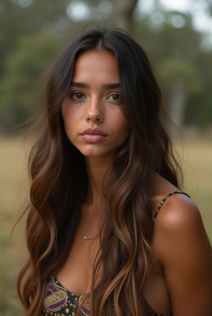 Indigenous Australian, beautiful, early 20s, pale skin, brown eyes, long brown hair, cinematic, casual outfit, realistic,
