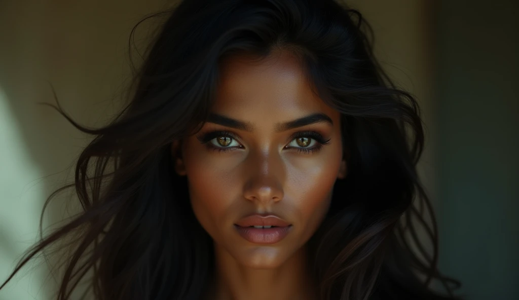a beautiful mysterious Indian woman, Western fashion, intricate detailed face, piercing eyes, long eyelashes, delicate skin, natural beauty, flowing hair, candid elegant pose, dramatic lighting, cinematic mood, muted color palette, chiaroscuro lighting, high quality, photorealistic, 8k, intricate details, professional rendering