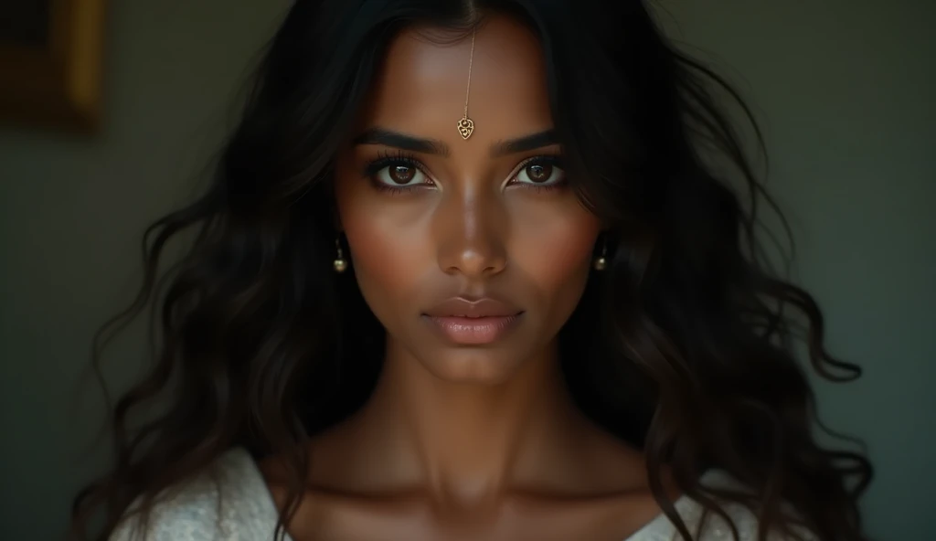a beautiful mysterious Indian woman, Western fashion, intricate detailed face, piercing eyes, long eyelashes, delicate skin, natural beauty, flowing hair, candid elegant pose, dramatic lighting, cinematic mood, muted color palette, chiaroscuro lighting, high quality, photorealistic, 8k, intricate details, professional rendering