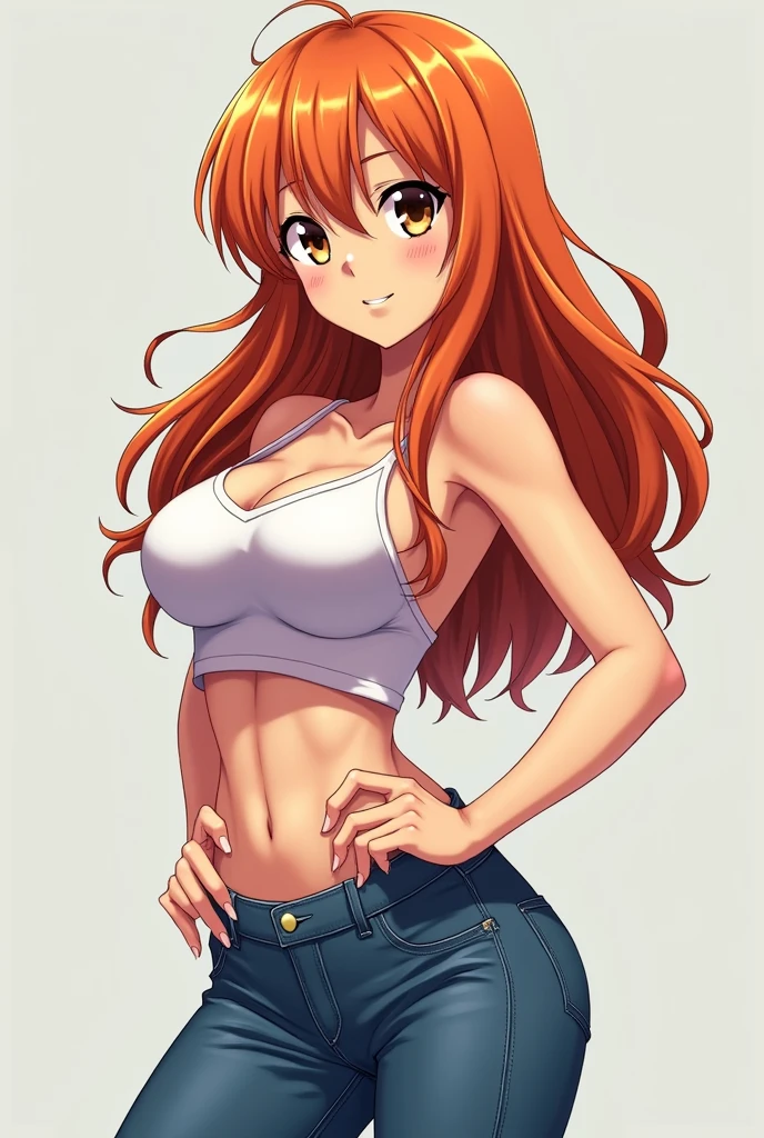 Nami has long wavy orange hair, large light brown eyes, and a slender figure with pronounced curves. Wear a crop top and bikini or skinny jeans. Your pose should highlight your figure, with hands on hips and a knowing, confident look. Keep a detailed style, with a focus on exaggerated anatomy and bright colors.