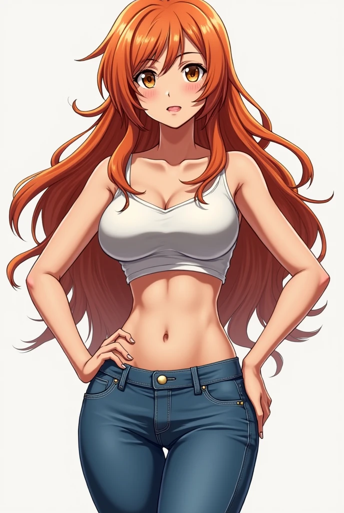 Nami has long wavy orange hair, large light brown eyes, and a slender figure with pronounced curves. Wear a crop top and bikini or skinny jeans. Your pose should highlight your figure, with hands on hips and a knowing, confident look. Keep a detailed style, with a focus on exaggerated anatomy and bright colors.