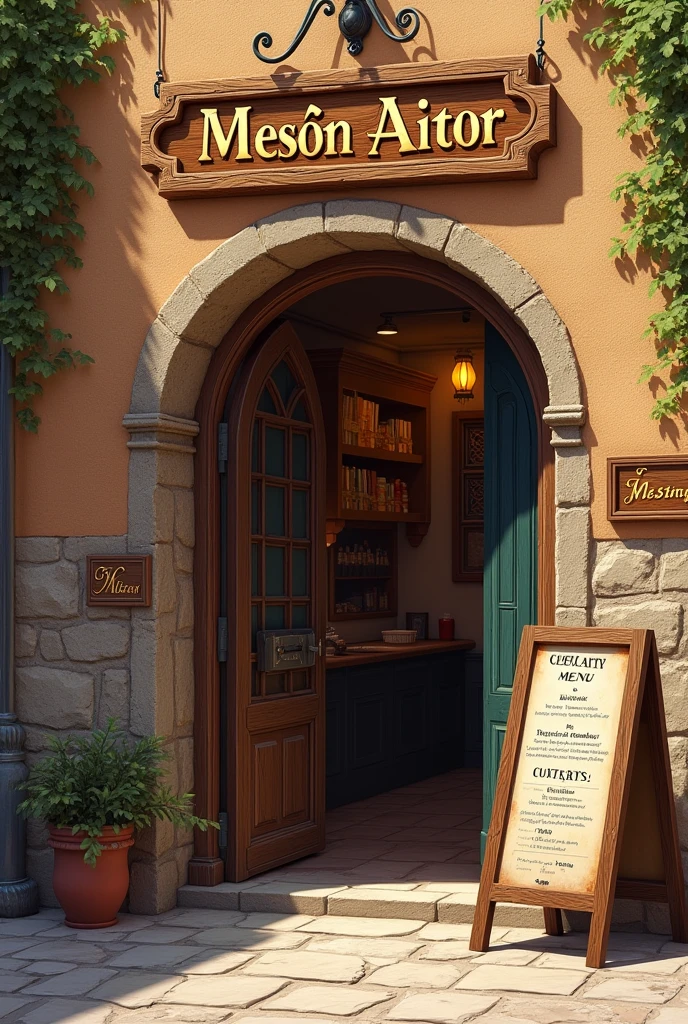 Old inn located in the city of Cáceres with a sign that says Meson Aitor at the top of the door and next to the door a standing sign that says daily menu custard to raise walls