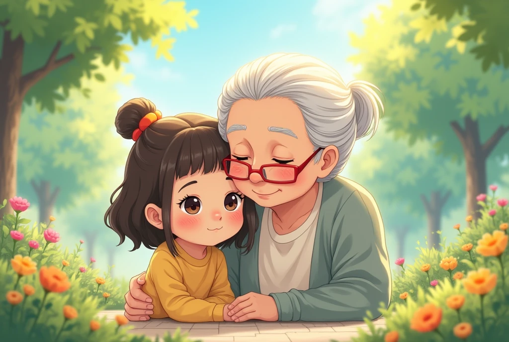 a girl with an elderly person, the child looking confused, cartoon, cute cartoon, cute cartoon style, motherly love, cute illustration, clean anime art, a park background.