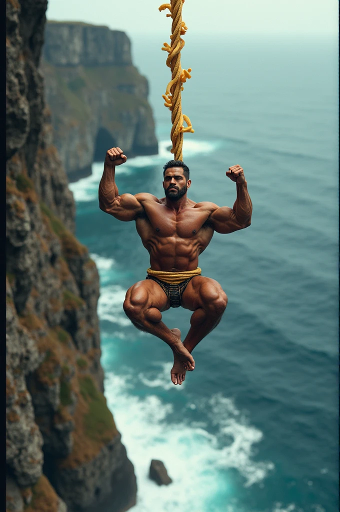 Bodybuilder hanged by rope of macceroni by a clif of rock over the sea