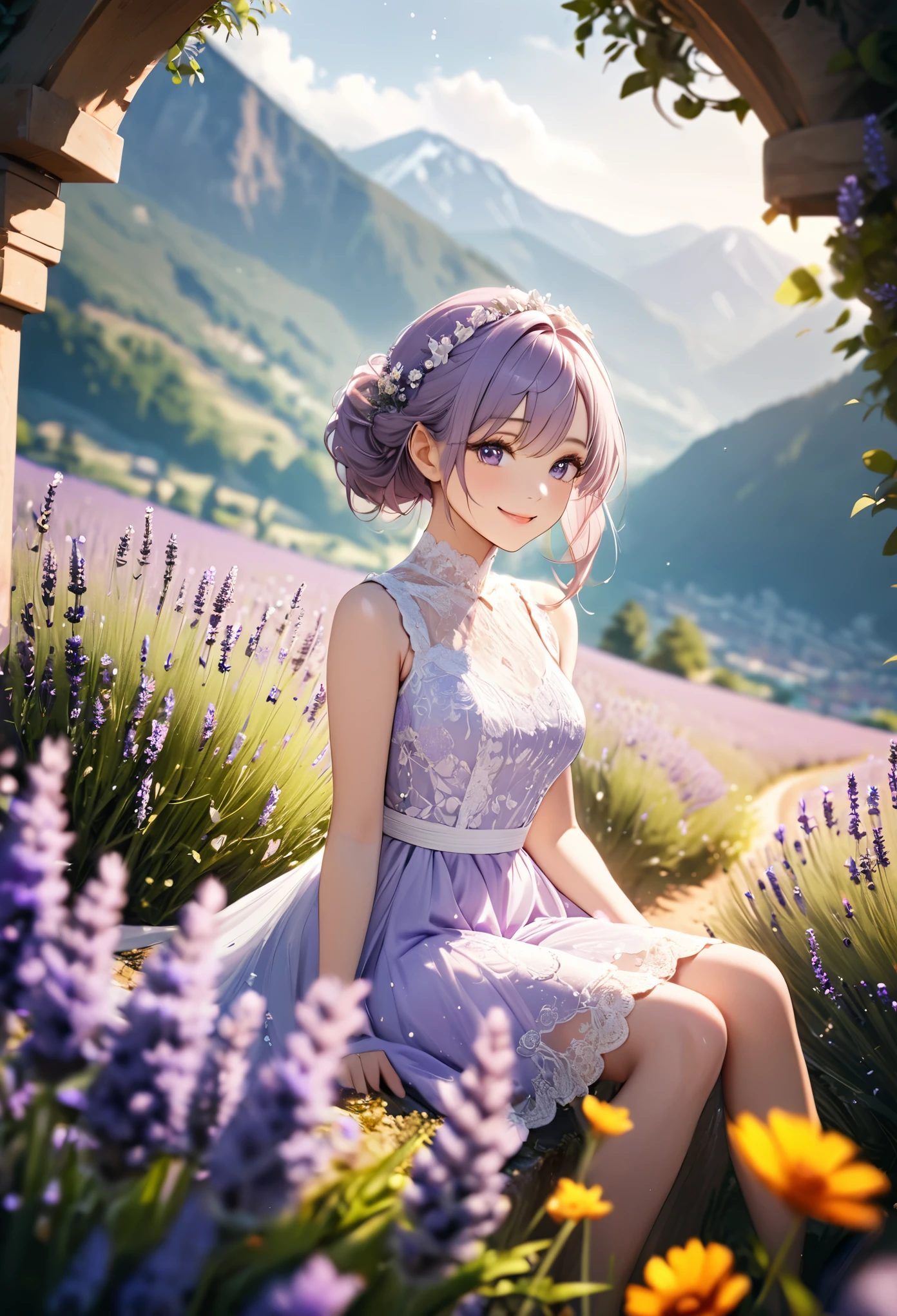1girl,lavender,white short dress,lace dress,smile,flower garden,full body,sitting,mountains in the distance,light particles,(Depth of field,cinematic angle,cinematic lighting:1.2),blurry background,blurry foreground,(masterpiece:1.2),(best quality:1.2),(very aesthetic:1.2),(absurdres:1.2),(detailed background),newest,intricate details