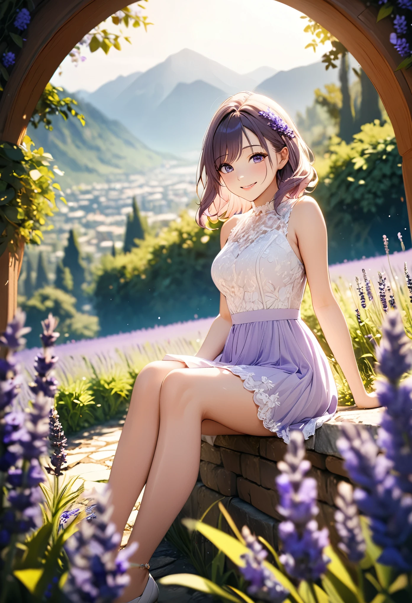 1girl,lavender,white short dress,lace dress,smile,flower garden,full body,sitting,mountains in the distance,light particles,(Depth of field,cinematic angle,cinematic lighting:1.2),blurry background,blurry foreground,(masterpiece:1.2),(best quality:1.2),(very aesthetic:1.2),(absurdres:1.2),(detailed background),newest,intricate details