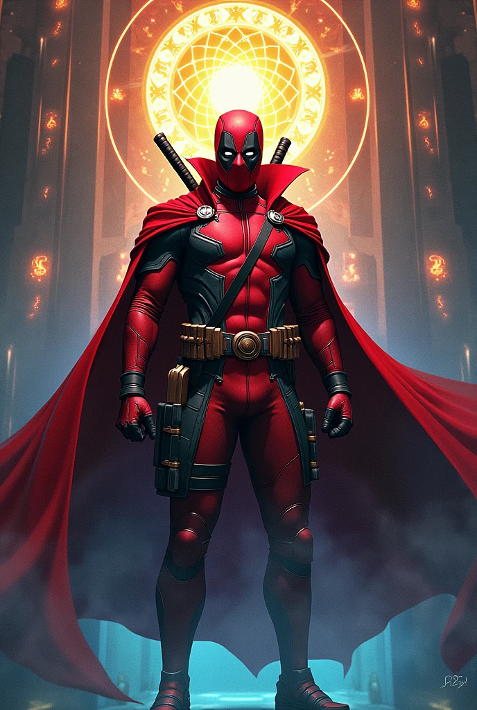 Create an illustration of Deadpool as Doctor Strange. Deadpool is wearing his iconic red mask but is dressed in Doctor Strange's mystical outfit. The outfit includes the Cloak of Levitation, the Eye of Agamotto, and other mystical artifacts. The background should be a blend of high-tech and mystical elements, with glowing symbols and patterns, suggesting a fusion of Deadpool's chaotic nature with the mystic arts."
