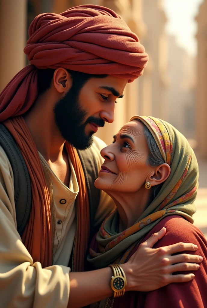 3D wallpaper of a handsome young Arab wearing a turban on his head who looks very fond of his elderly mother and wearing a headscarf