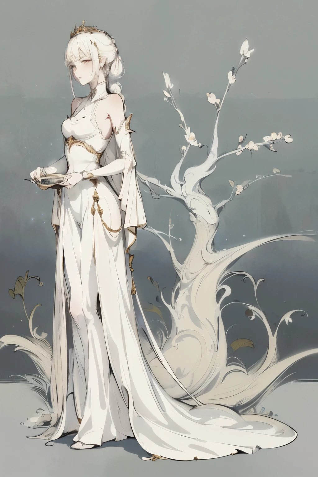 There is a woman in a white dress, Guweiz style artwork, guweiz on pixiv artstation, guweiz on artstation pixiv, Gu Weiss, Fantasy art style, Gu Weiss masterpiece, Beautiful and elegant queen, Beautiful character painting, Detailed digital anime art, Blonde Princess, White hair,
