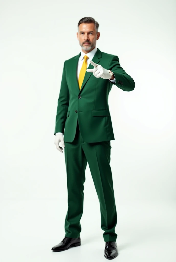 A white man with side-swept hair showing his entire body, wearing a green formal suit and black formal shoes, with a white, well-lit background and no shadows, wearing a green suit, yellow tie and blue undershirt, with white gloves, as if you were looking at a camera and pointing with your index finger using both hands towards the camera.
