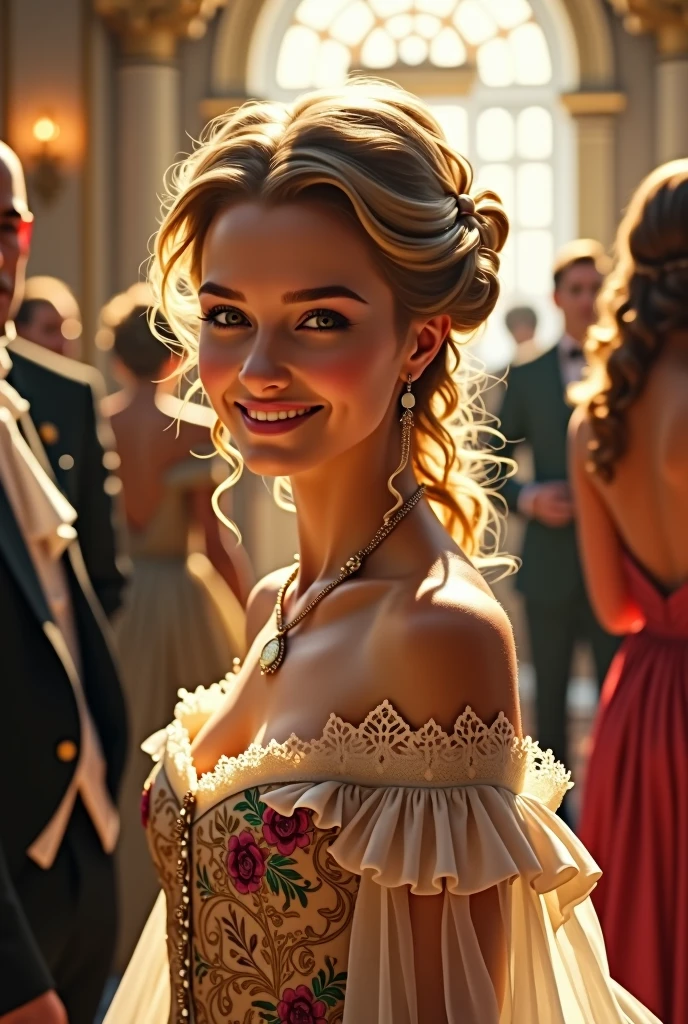 Beautiful girl in baroque era costume attending ball.The natural and bright light shines on her beautiful face, making her smile like the spring breeze..Melt the hearts of all the men present.