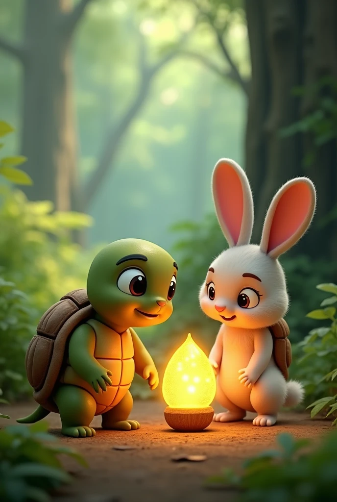 Need 3D animation style"**Magical Discovery**: Timmy the Turtle and Benny the rabbit stumble upon a glowing acorn in their forest home.
