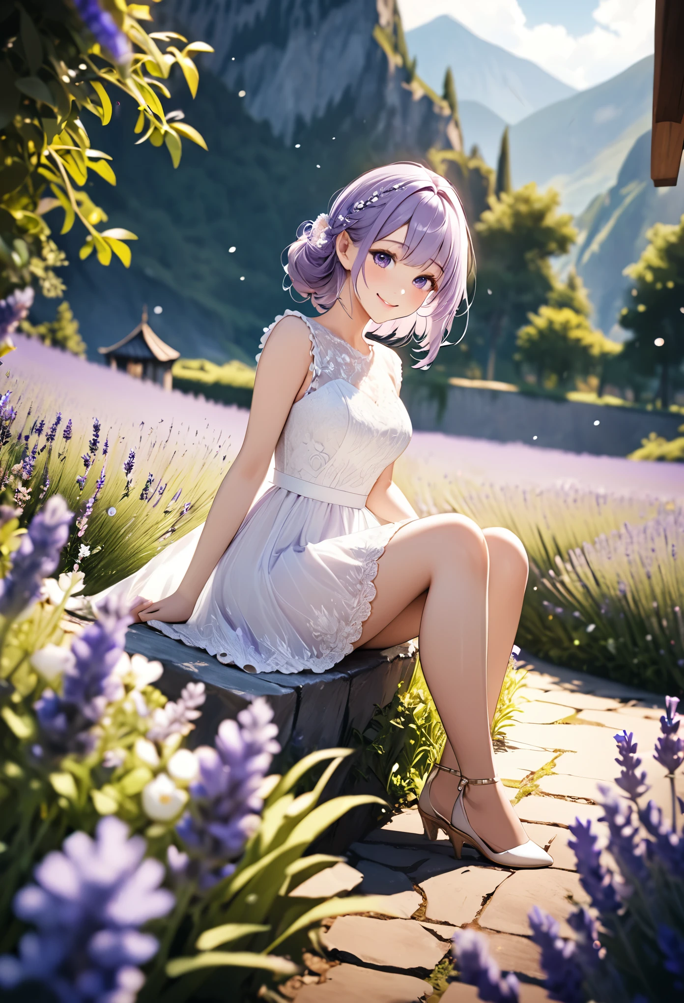 1girl,lavender,white short dress,lace dress,smile,flower garden,full body,sitting,mountains in the distance,light particles,(Depth of field,cinematic angle,cinematic lighting:1.2),blurry background,blurry foreground,(masterpiece:1.2),(best quality:1.2),(very aesthetic:1.2),(absurdres:1.2),(detailed background),newest,intricate details