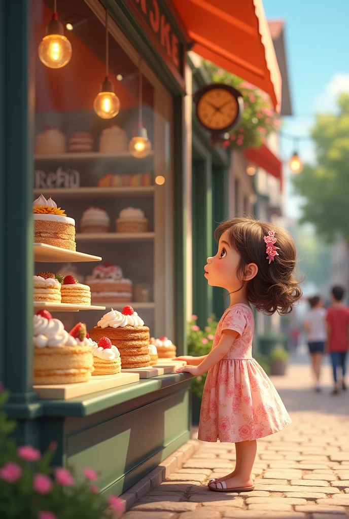 A girl looks at the delicious cakes at a cake shop