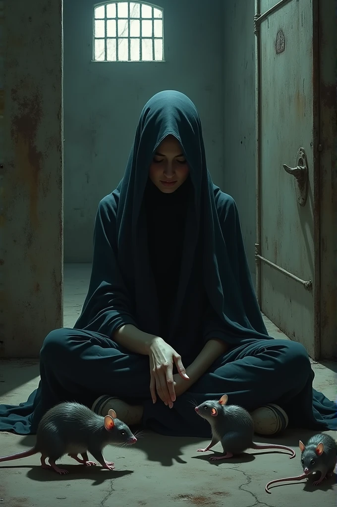 Veiled woman playing with rats in jail