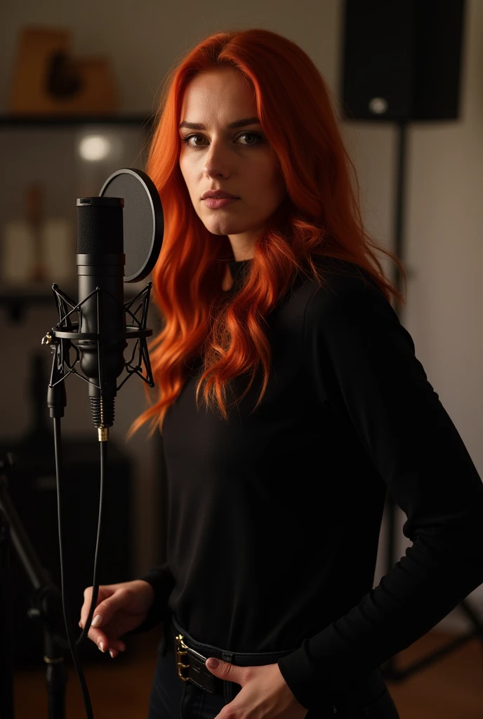 redhead woman in a studio recording music black clothes