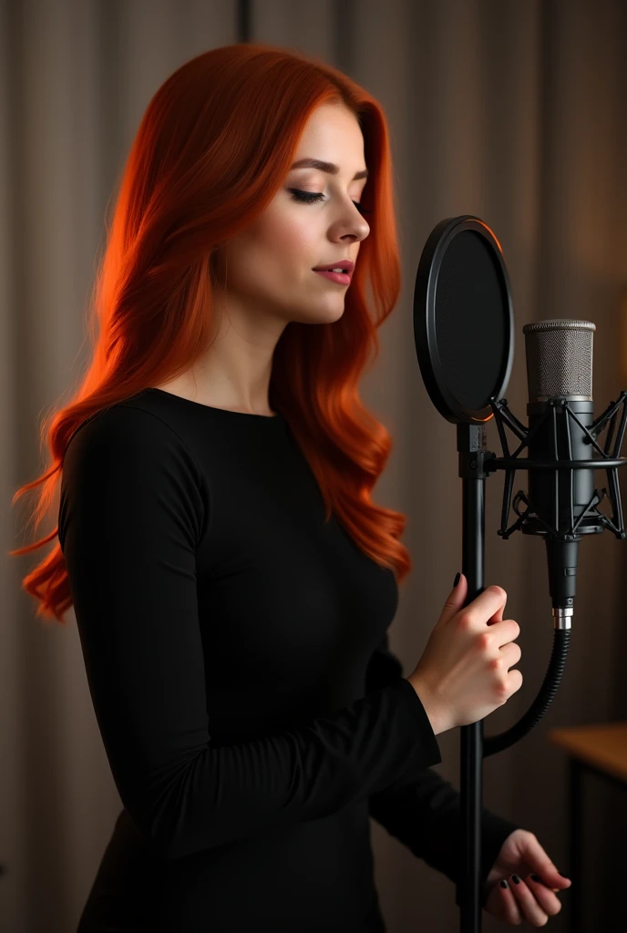 redhead woman in a studio recording music black clothes