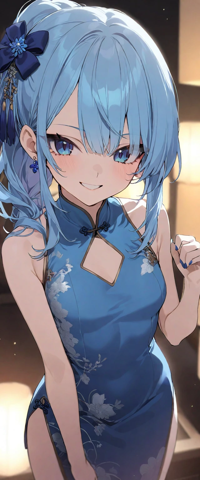 (musterpiece), (best quality), 
1 girl, solo, vtuber style, cool girl, hololive, vtuber, HoshimachiSuisei, blue hair, blue eyes, small chest, cheongsam, smile,