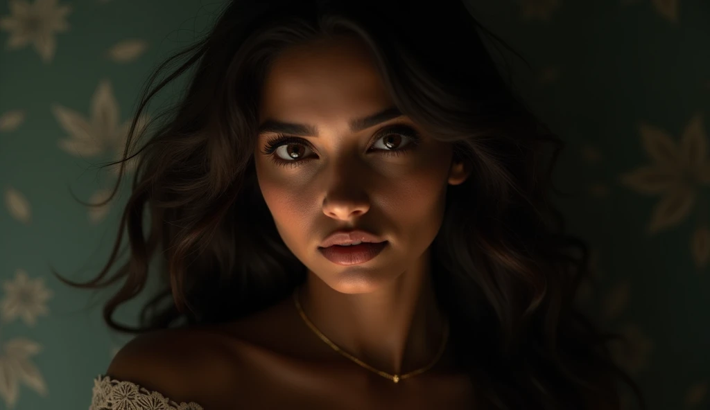 a beautiful mysterious Indian woman, Western fashion, intricate detailed face, piercing eyes, long eyelashes, delicate skin, natural beauty, flowing hair, candid elegant pose, dramatic lighting, cinematic mood, muted color palette, chiaroscuro lighting, high quality, photorealistic, 8k, intricate details, professional rendering