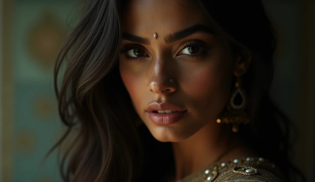 a beautiful mysterious Indian woman, Western fashion, intricate detailed face, piercing eyes, long eyelashes, delicate skin, natural beauty, flowing hair, candid elegant pose, dramatic lighting, cinematic mood, muted color palette, chiaroscuro lighting, high quality, photorealistic, 8k, intricate details, professional rendering