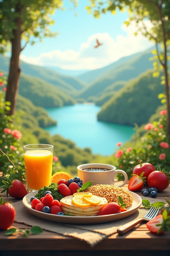 healthy breakfast and a paradise landscape in the background 