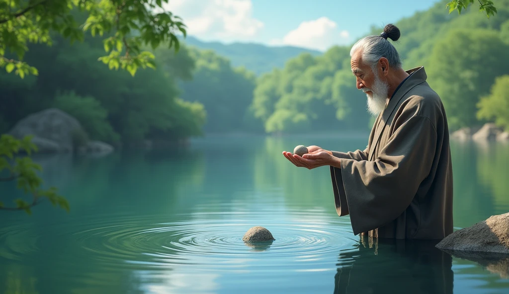 "A close-up of Master Koji, an elderly man with a wise and gentle expression, standing by the edge of a serene pond. The pond is perfectly still, reflecting the surrounding trees and the clear blue sky above. Master Koji holds a small stone in his hand, which he is about to toss into the water. The scene is calm and peaceful, with soft, natural light highlighting the master's calm and focused demeanor."