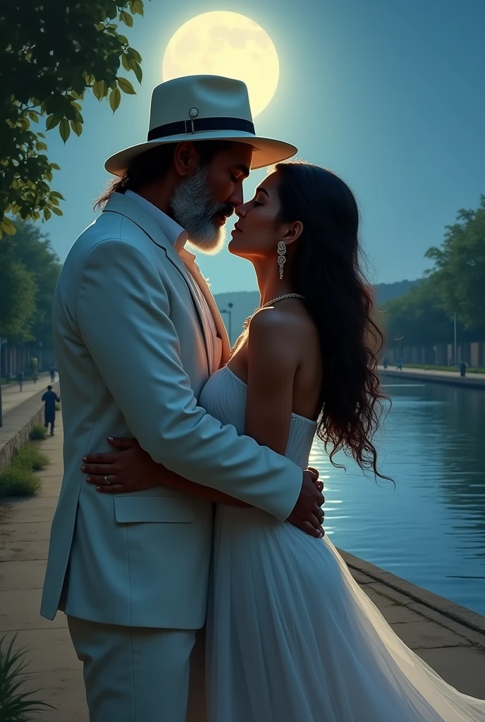 indigenous man in a white suit and hat and a woman in a dress making out by the river on the promenade of the Bragança do Pará waterfront ON A FULL MOON NIGHT