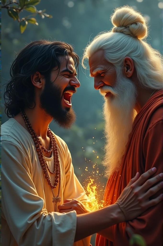 An YouTube thumbnail about dealing with anger. An angry person is devastated, a devotee of krishna is giving solution from Bhagavad Gita , add text dealing with anger