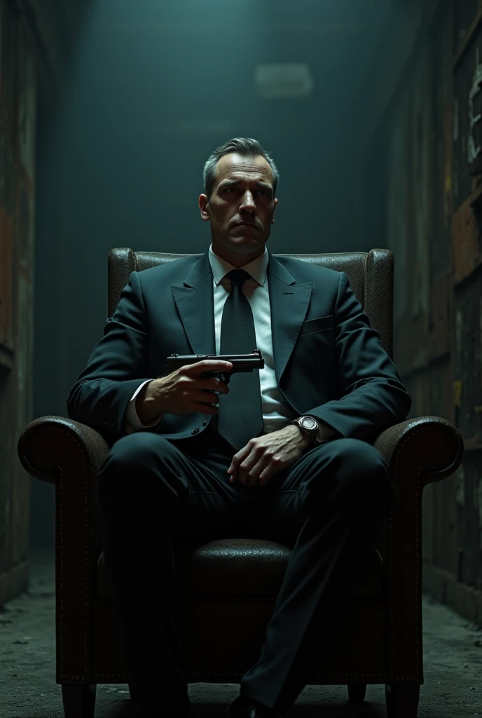 man wear sute and sitting in chair with gun at underworld