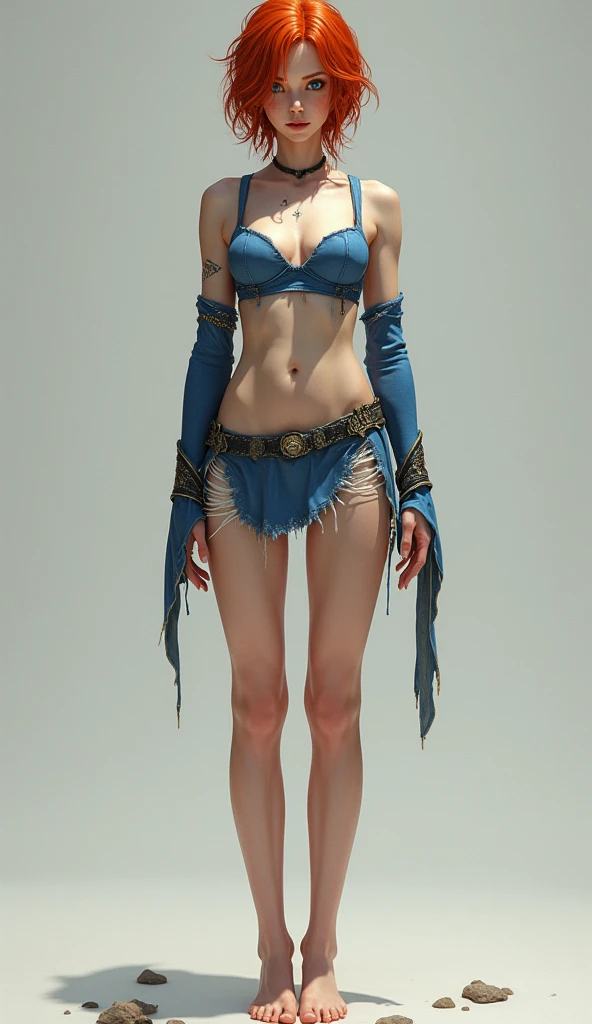 A (((full-body))), ((ultra-detailed)), ((masterpiece)) fantasy art illustration of a ((World of Warcraft)) character, in the style of the video game. She is a beautiful, young, female (((human))) with short red hair and blue eyes. She has exquisite caucasian features and ((very pale)) ((milky-white skin)). She has a ((very slim body)), with a tiny waist and skinny limbs, but her ((breasts are huge and round)), and look far too big for her slender little body.  She is wearing only a ripped, skimpy blue top that reveals significant cleavage, and a torn, very short skirt that leaves her ((very thin thighs)) completely bare. She is standing in a provocative pose that shows off her ((skinny legs)) and ((bare feet)). Her (((whole body from head to toe))) is shown.