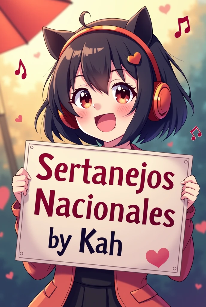 An anime character enjoying music holding a sign saying sertanejos nacionales by kah
