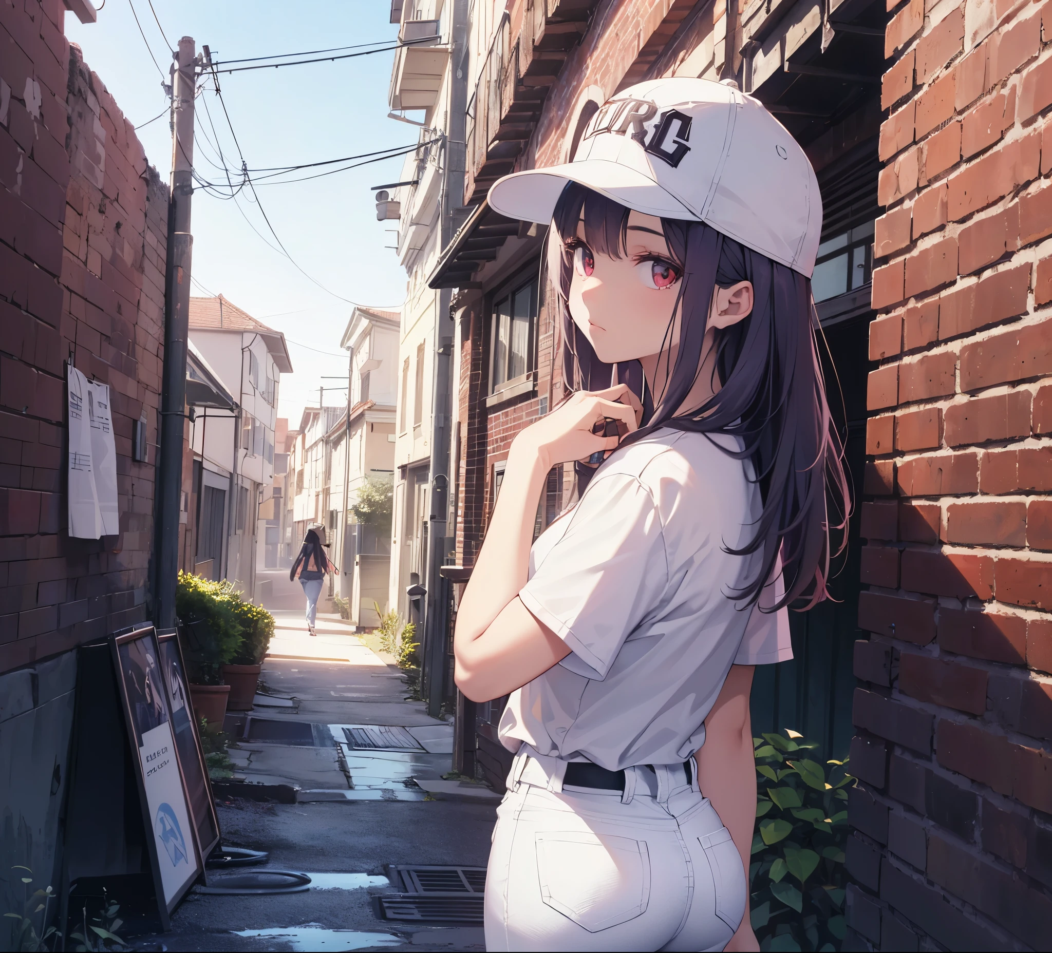 (Close-up:1.3),Realistic,Highest quality, Super detailed, High-quality CG rendering, The most delicate and beautiful, Floating softly, High resolution, (1 person), (Highest quality,4K,8k,masterpiece:1.2), Light purple hair,(Long Hair:1.5),Red eyes,(Pure white oversized short sleeve T-shirt:1.3),(Pure white skinny jeans:1.3),(Pure white baseball cap:1.3),In the city,old buildings,Narrow back alley,(front:1.3),(Are standing:1.3)