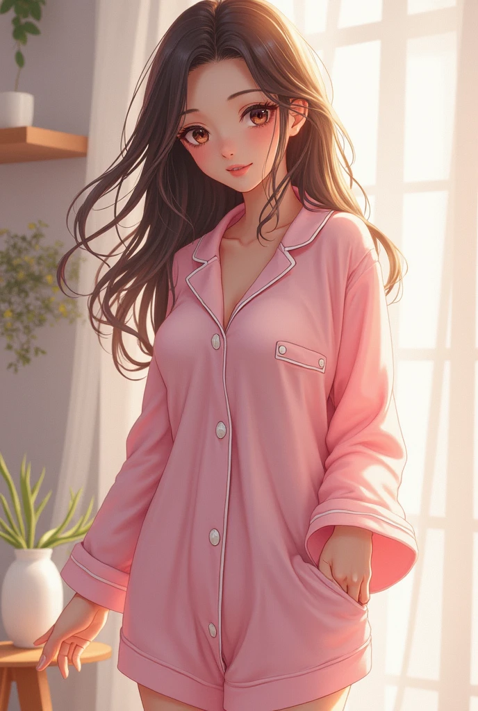 Beautiful girl and pyjama clothes and anime style and belly and waist and long sleeve