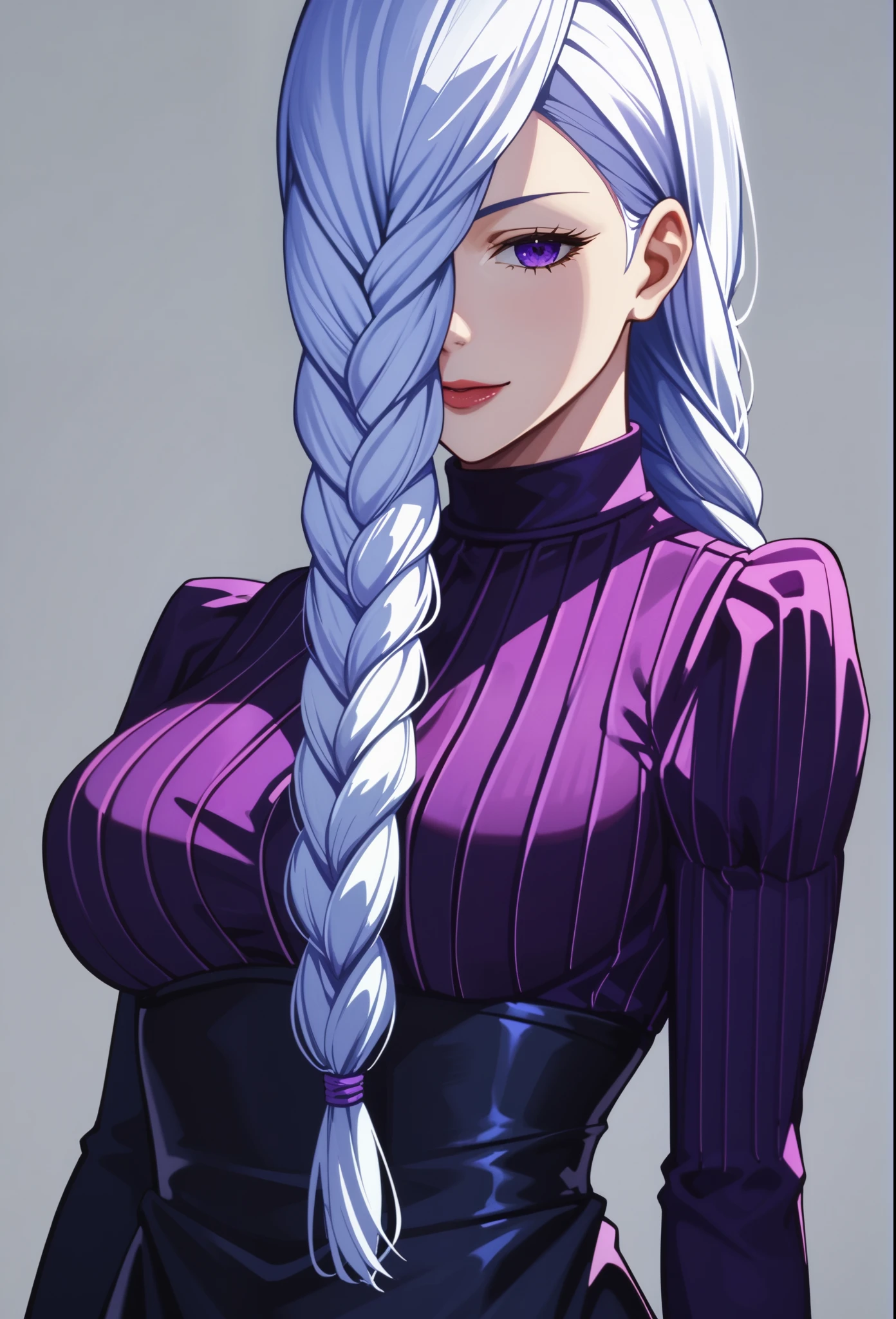 A mesmerizing surreal illustration of a young japanese woman resembling Mei Mei. She has white hair, purple eyes, and wears a black low cut dress. She has a smooth, warm complexion, The line work is precise, with delicate shading that gives the illustration a 3D quality, resulting in a visually striking, portrait, mei mei, long hair, very long hair, braid, hair over one eye, braided ponytail, ((front braided bangs covering one eye)), purple eyes ,big breasts, slender, arms behind back, white panties, cleavage,
