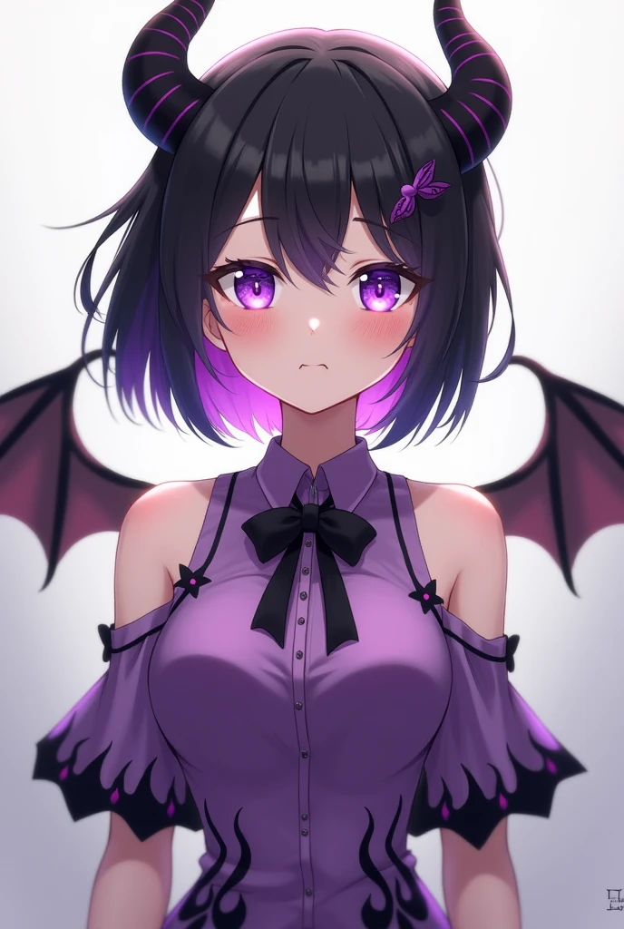 Anime style animated character is a woman with short black hair on top and purple hair below, She has black horns and a black bow in her hair., Her face is pretty and with purple eyes, Her skin is white, She is wearing a purple top with black flames and half sleeves., has black bat wings
