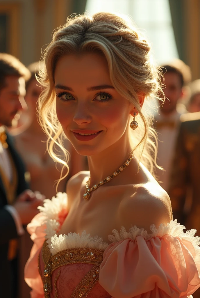 Beautiful girl in baroque era costume attending ball.The natural and bright light shines on her beautiful face, making her smile like the spring breeze..Melt the hearts of all the men present.