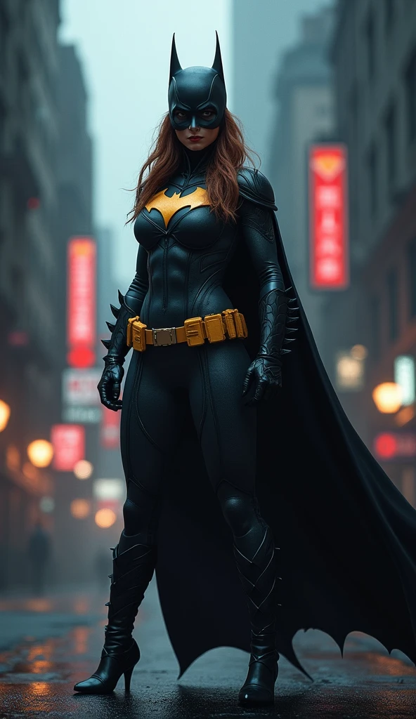 Batgirl, standing proud, dark city background, dynamic pose, 4k quality, very detailed, bokeh