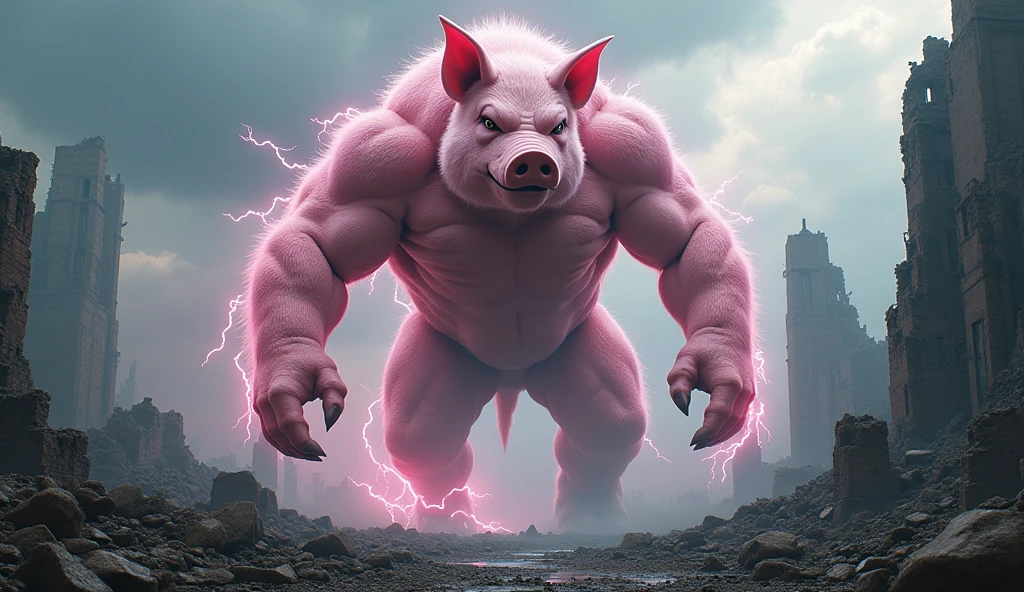 a giant pink electric pig monster in a war-torn ancient city, 50m tall, in a mythical world, (best quality,4k,8k,highres,masterpiece:1.2),ultra-detailed,(realistic,photorealistic,photo-realistic:1.37),extremely detailed eyes and face,longeyelashes,muscular body,fearsome expression,electricity arcing across its body,crumbling ruins,destroyed cityscape,ominous cloudy sky,dramatic lighting
