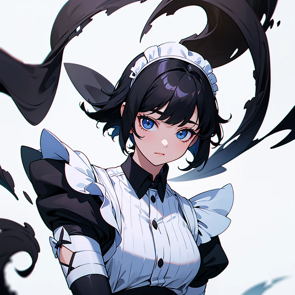 A girl with short black hair wearing a maid uniform on a white background