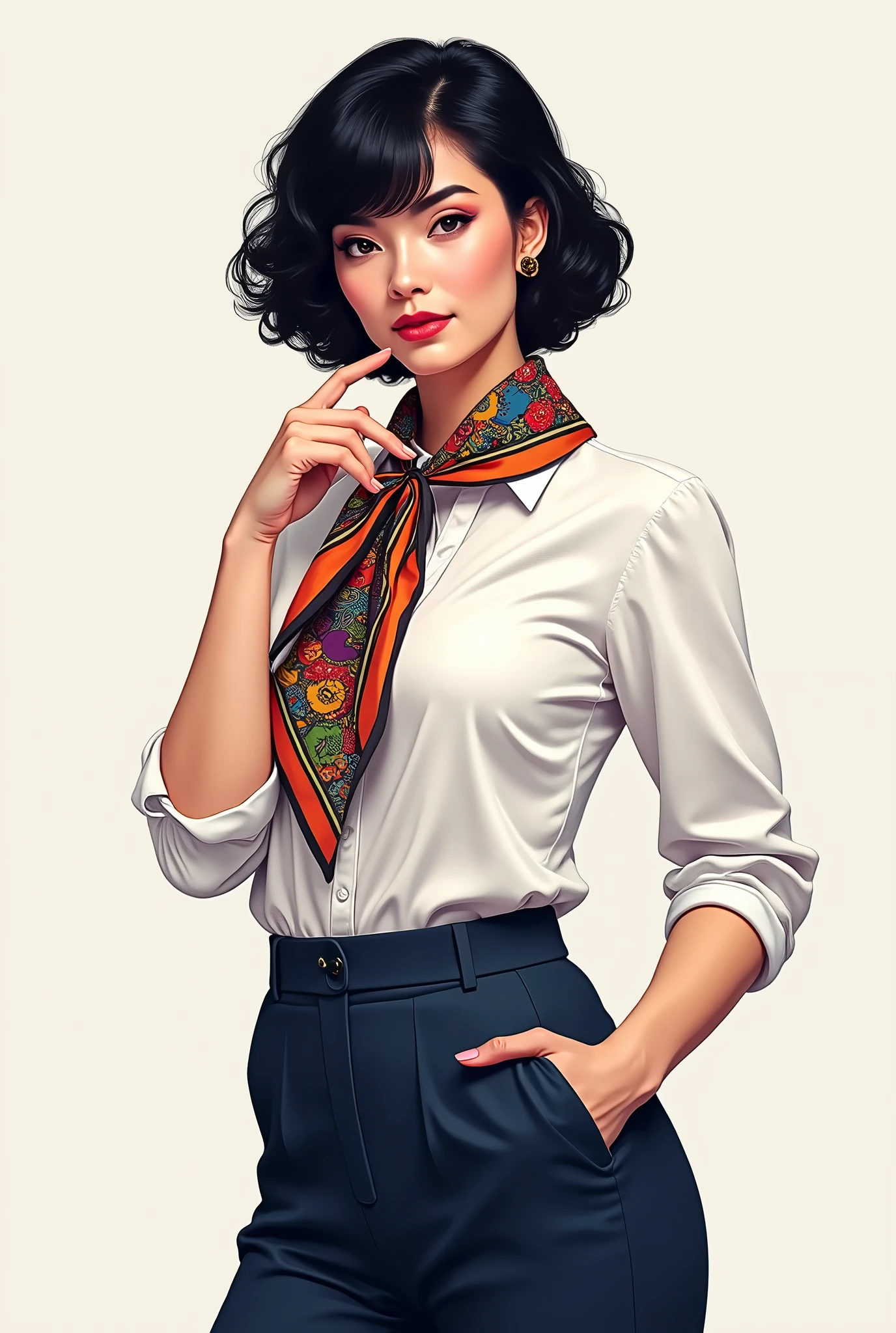 The woman with short curly black hair is wearing a dark blue skirt and a white blouse. She adds a pop of color to her look with a colorful scarf tied around her neck.. Its appearance is elegant and modern.