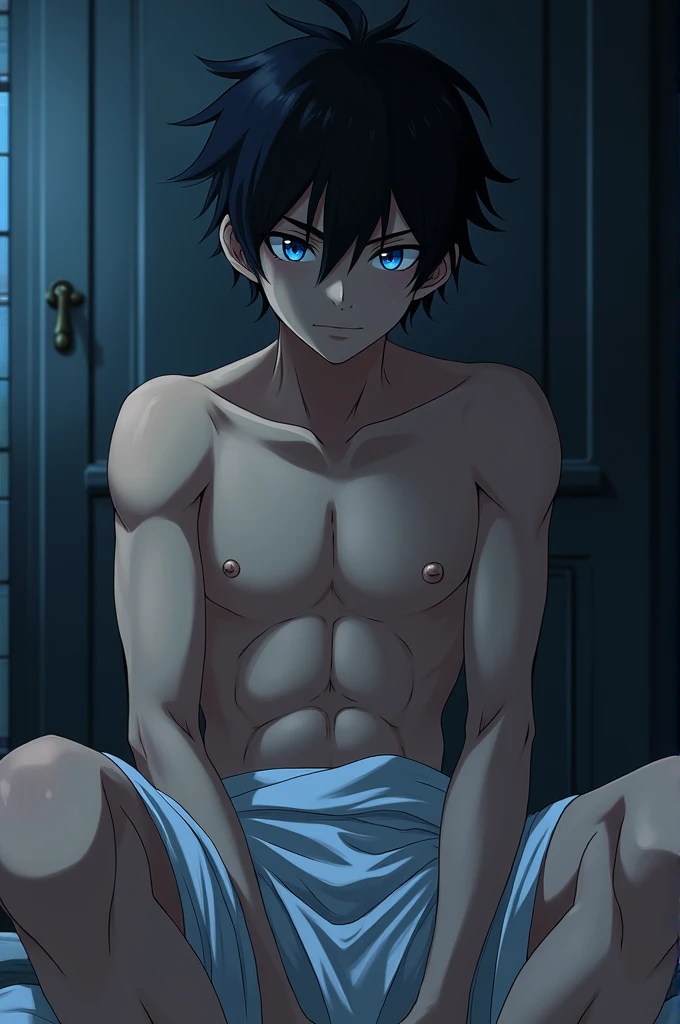 anime man has black messy hair and icy blue eyes he Wrap a towel around his waist and has a woman sitting on his lap.